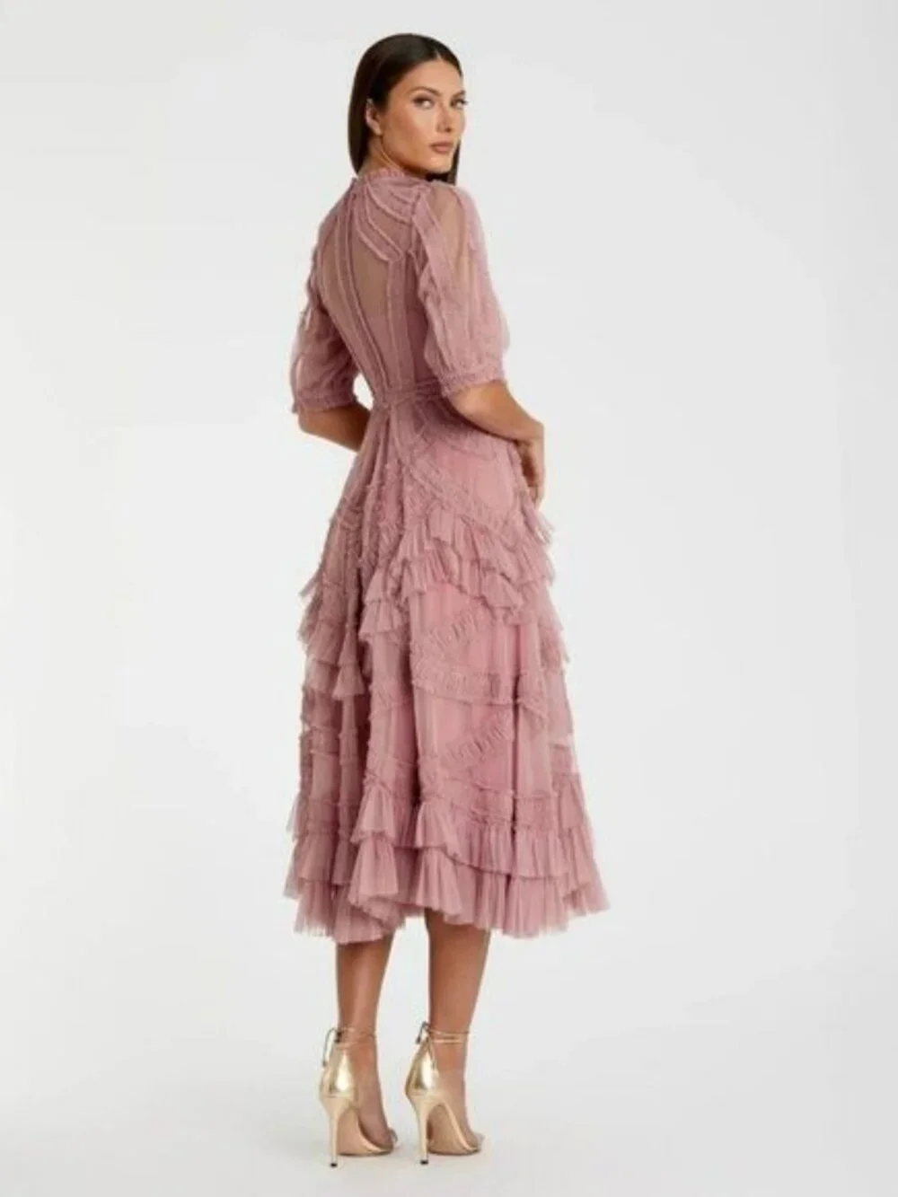 Anthropologie Mac Duggal 8058 Pink High Neck Micro Ruffle Tiered Midi Dress - Picture 6 of 6